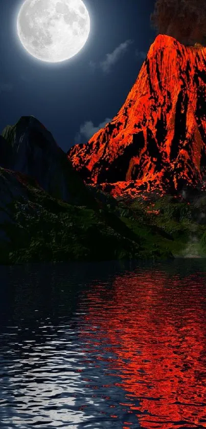 Volcano erupting under a full moon with lava reflecting on a lake.