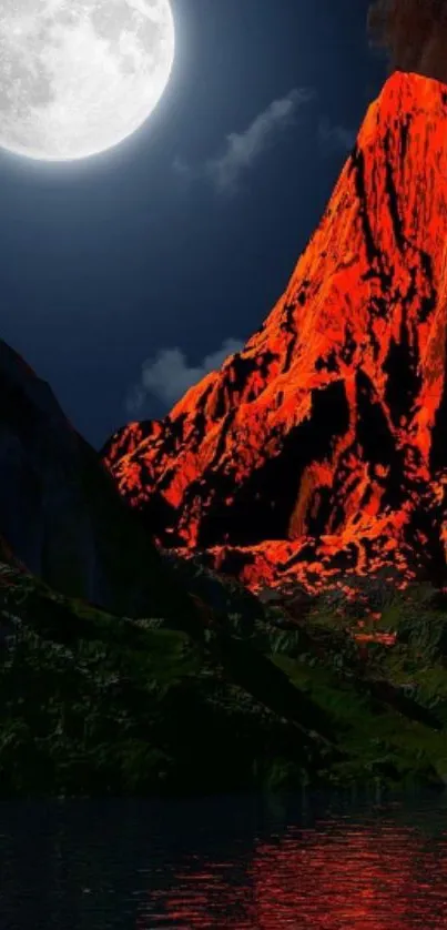 Volcanic eruption with full moon at night.