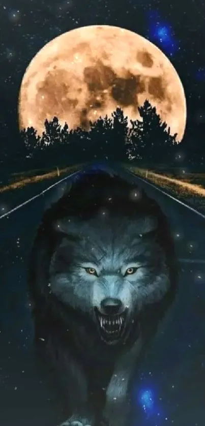 Fierce wolf on a dark road with a full moon in the background.