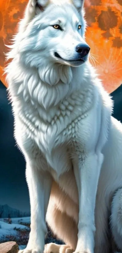 White wolf sitting under an orange full moon in a snowy forest.