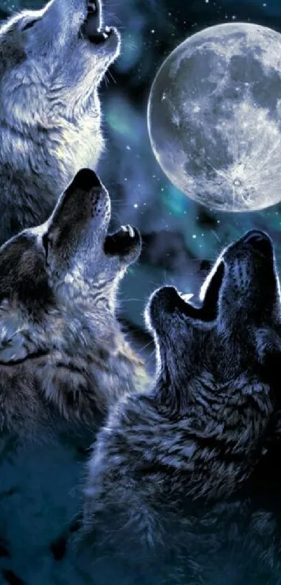 Three wolves howling at a luminous full moon in a dark night sky.