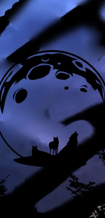 Silhouetted wolves under a full moon on a dark blue sky wallpaper.