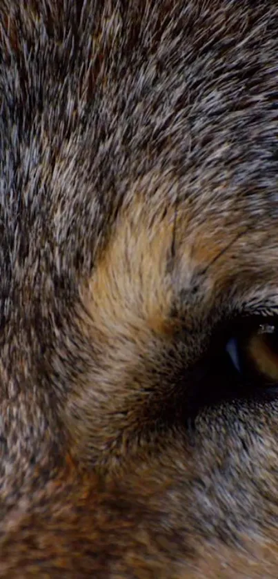 Close-up of a wolf's eye with detailed fur texture.