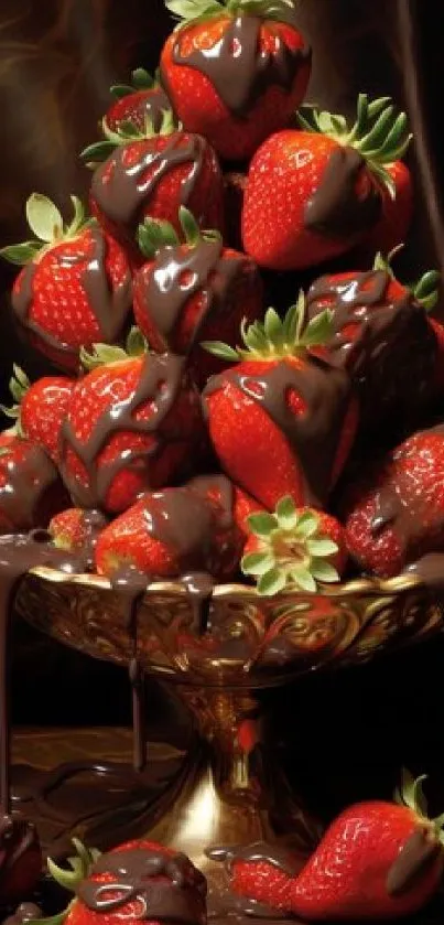 Strawberries drizzled with chocolate in an ornate dish.