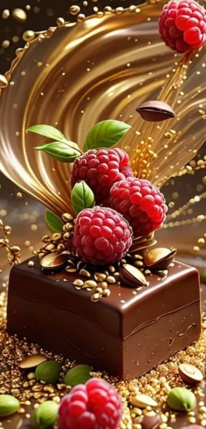 Rich chocolate with fresh raspberries garnishing.