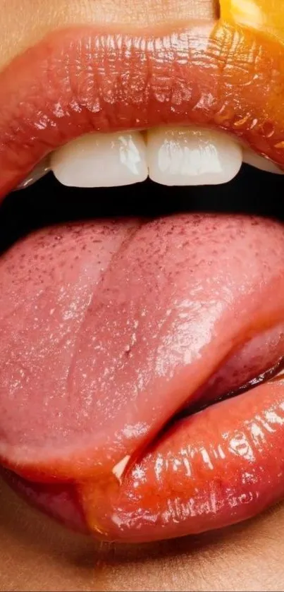 Close-up of lips with honey dripping, creating a vivid texture.