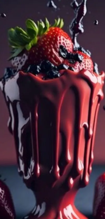 A vibrant, strawberry-topped dessert with chocolate drizzle on a red background.