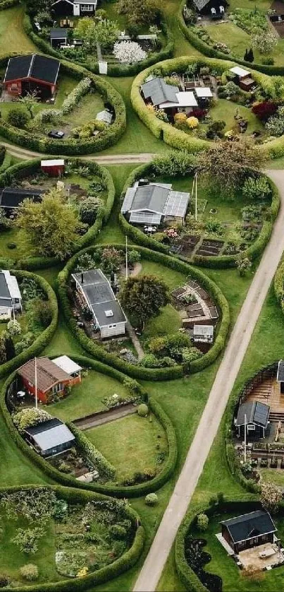 Aerial view of circular gardens and lush greenery.