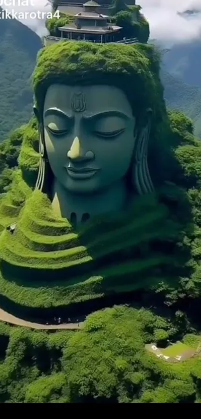 Green mountain with a giant Buddha statue surrounded by lush scenery.