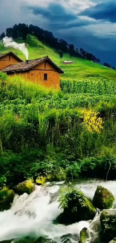 Serene green countryside with rustic houses and a flowing stream.