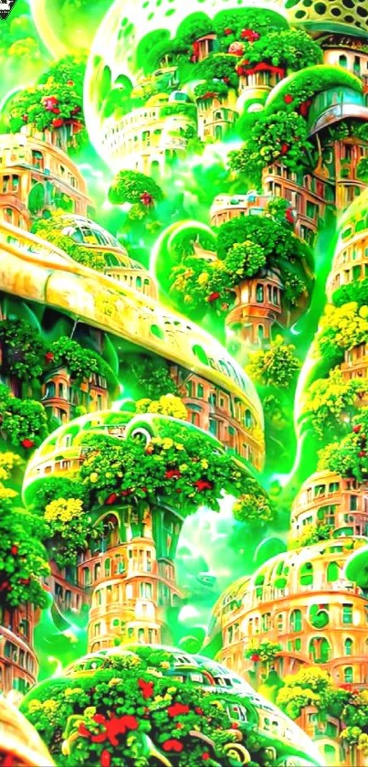 Fantasy world wallpaper with treehouses and glowing green foliage.