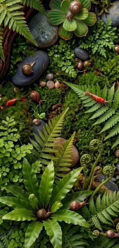 Vibrant green ferns with snails and stones