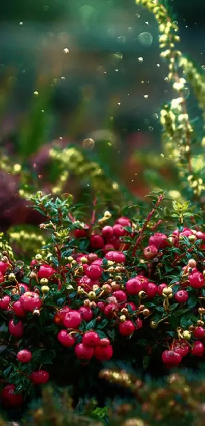 Mobile wallpaper of lush green forest with red berries.