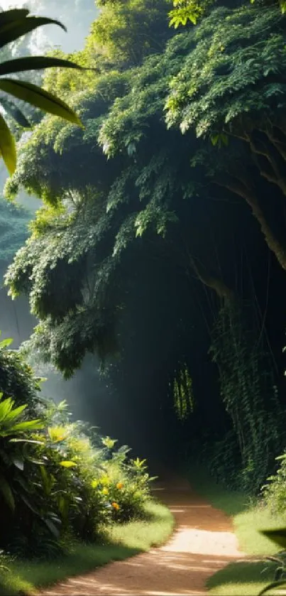 Serene path through lush green forest, ideal for mobile wallpaper.