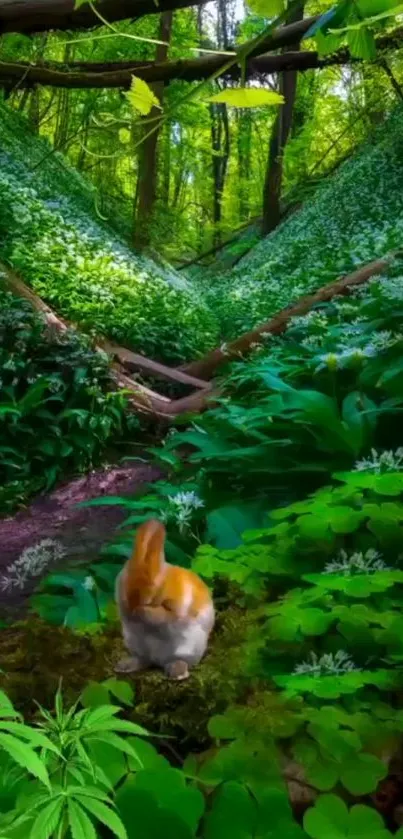 A lush forest path with a rabbit amidst verdant greenery.