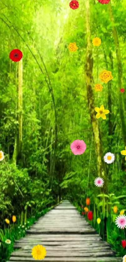 Lush green forest path with vibrant flowers.