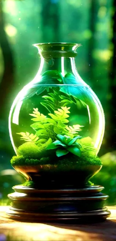 Forest terrarium in glass jar with lush green plants.