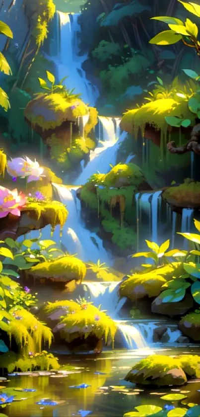 Lush forest waterfall with vibrant greenery and flowers.