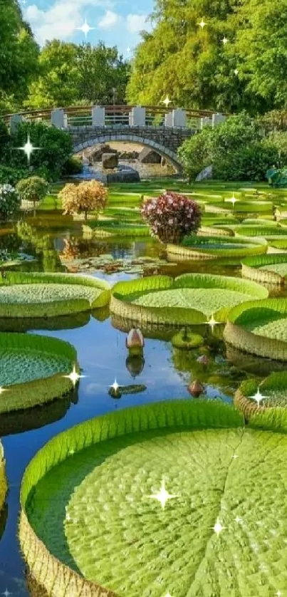 Lush garden with large lily pads and a stone bridge.