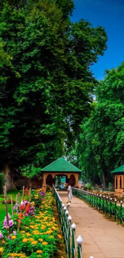 Serene garden pathway with vibrant flowers and lush greenery.