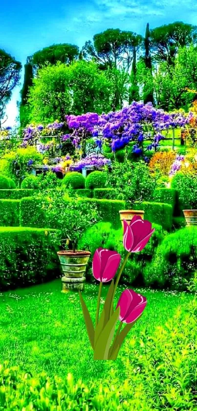 Lush garden with vibrant green and colorful flowers, ideal for mobile wallpaper.