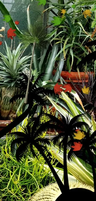 Lush green plants with silhouette of black palm trees in a garden setting.