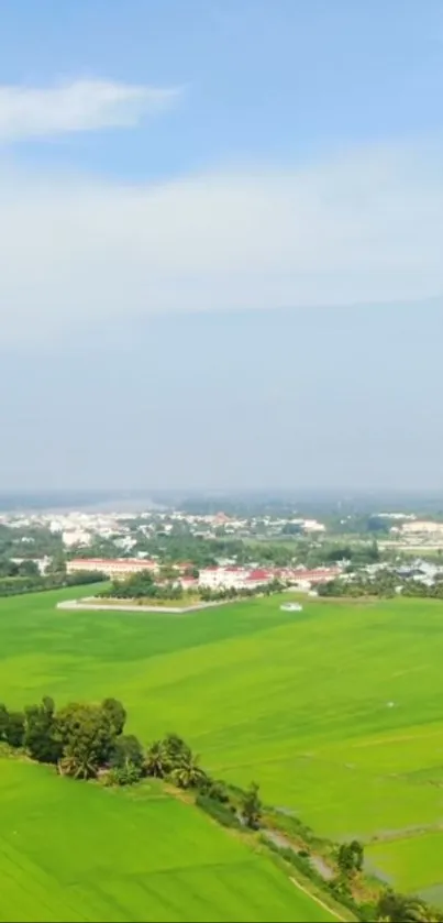 Aerial view of lush green fields with distant cityscape in the background.