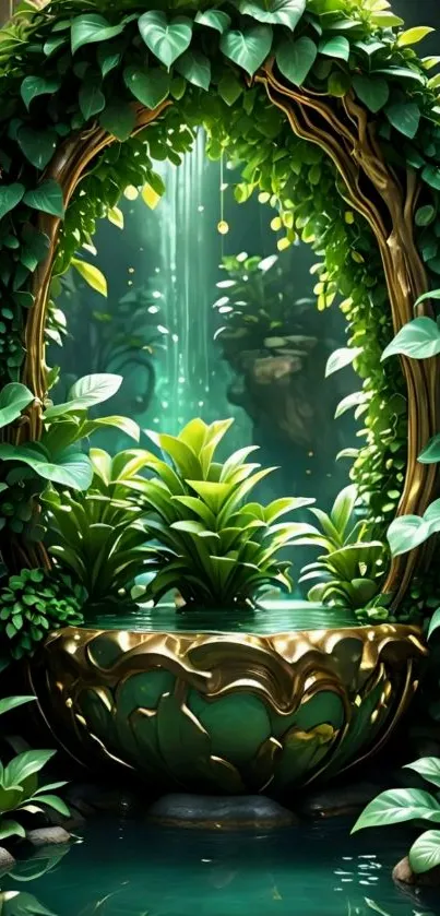 Lush green garden with golden bowl and foliage.