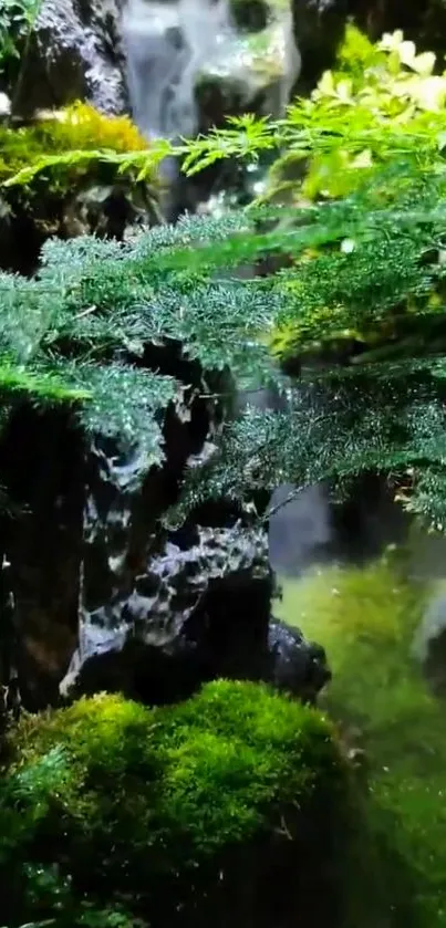 Lush green ferns and serene waterfall in nature wallpaper.