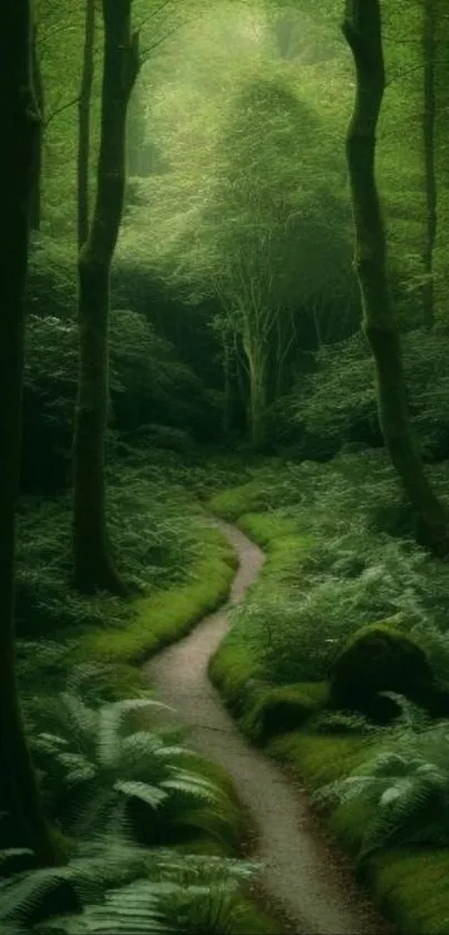 Lush green forest path with vibrant foliage.