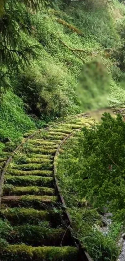 Serene forest railway path covered with lush green foliage.