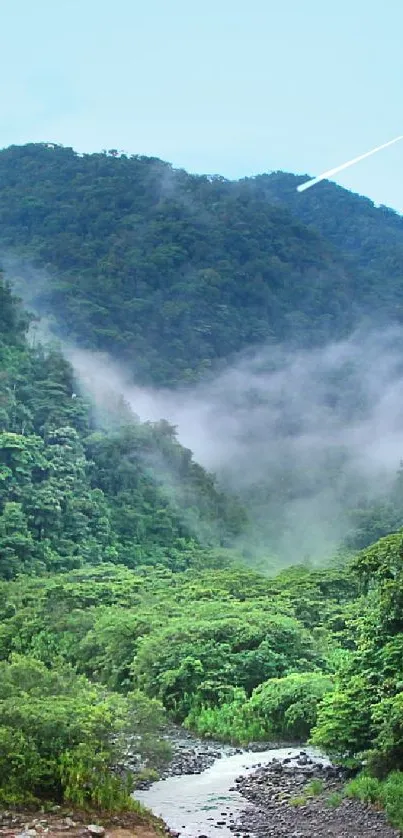 Serene green forest with misty hills and a flowing river.