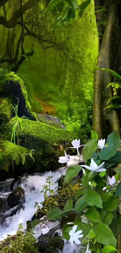 Serene green forest with waterfall and vibrant flowers.