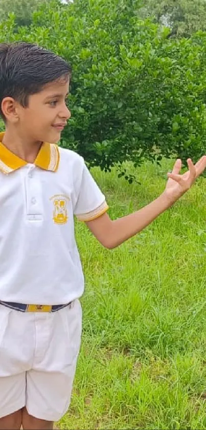 Child in a lush green garden, enjoying a sunny day.