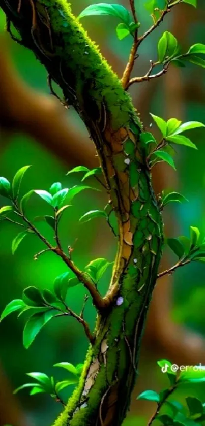 Green jungle vine wallpaper with lush foliage on a brown background.