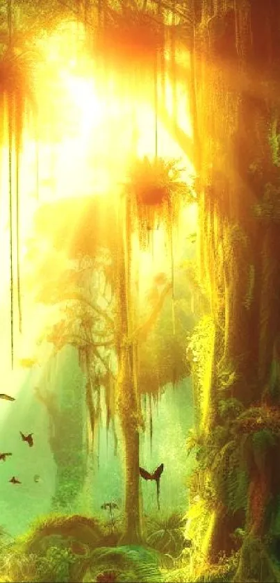 Green jungle with sunlight filtering through trees.