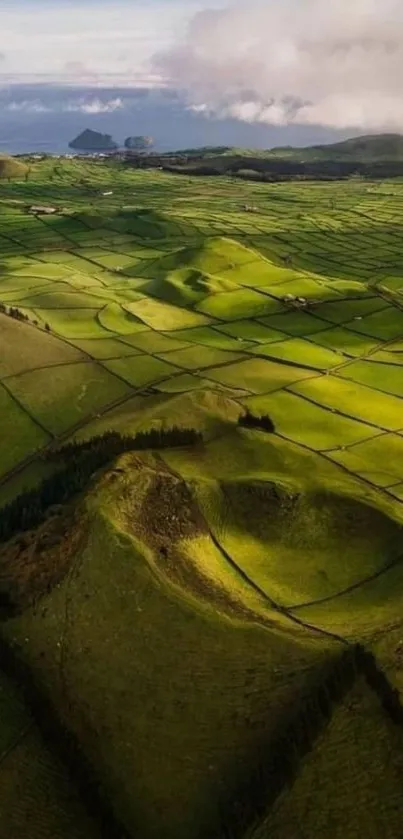 A lush green landscape with rolling hills and vibrant fields under a cloudy sky.