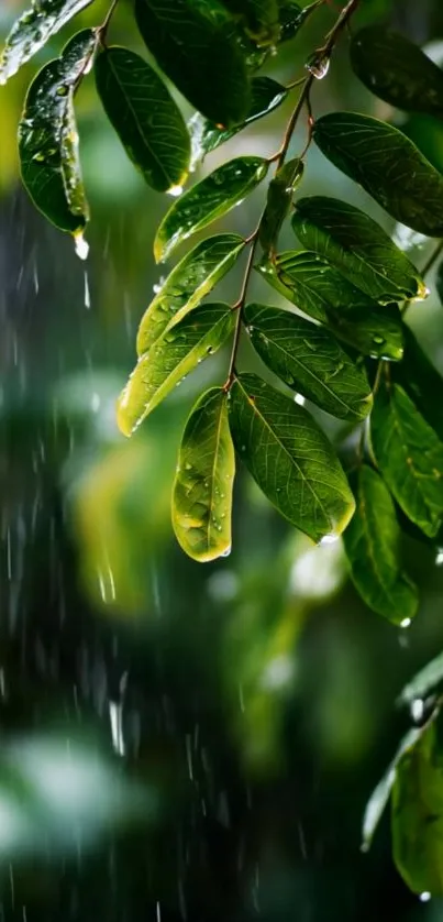 Close-up of lush green leaves with raindrops falling.