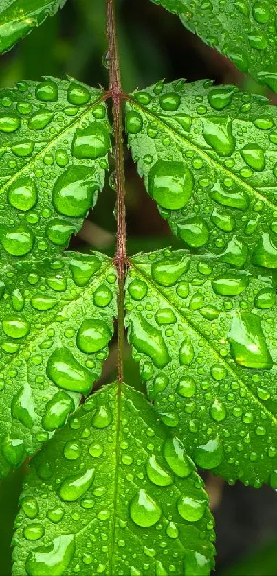 Lush green leaves with fresh rain droplets providing a vibrant natural texture.