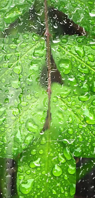 Green leaf with water droplets on surface, vibrant nature wallpaper.