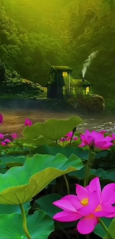 Green foliage and pink lotus with a smoky house wallpaper.