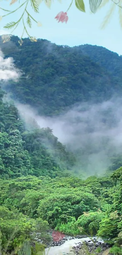 Lush green mountain with misty foliage.