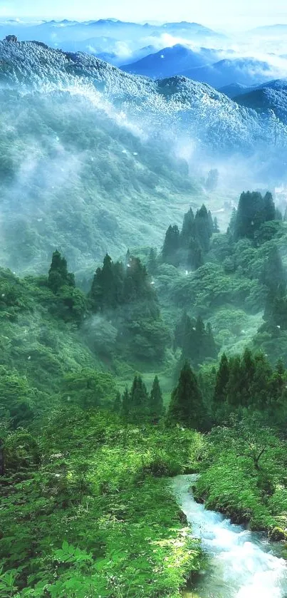 Lush green mountains with misty clouds.