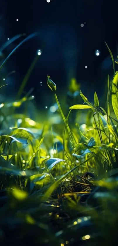 Lush green plants illuminated by glowing lights in a serene nature scene.