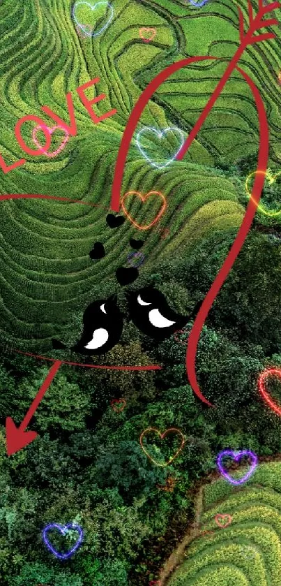 Romantic green rice terrace wallpaper with heart motif and nature theme.