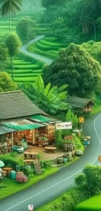Lush green rural landscape with winding road and vibrant greenery.