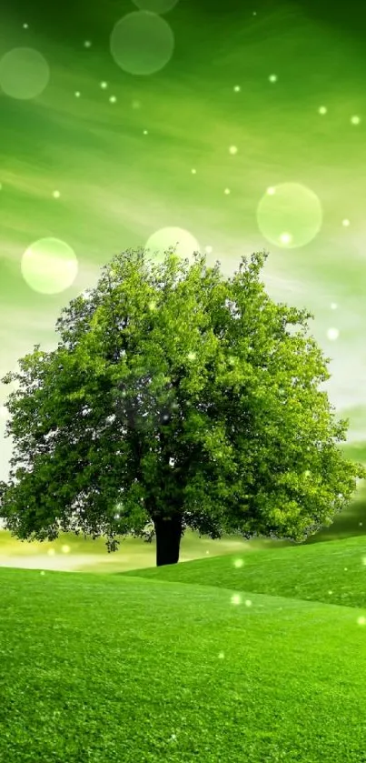 Mobile wallpaper with a lone tree on a green field and glowing background.