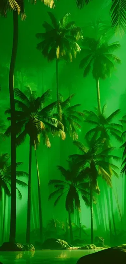 Lush green tropical wallpaper with palm trees.