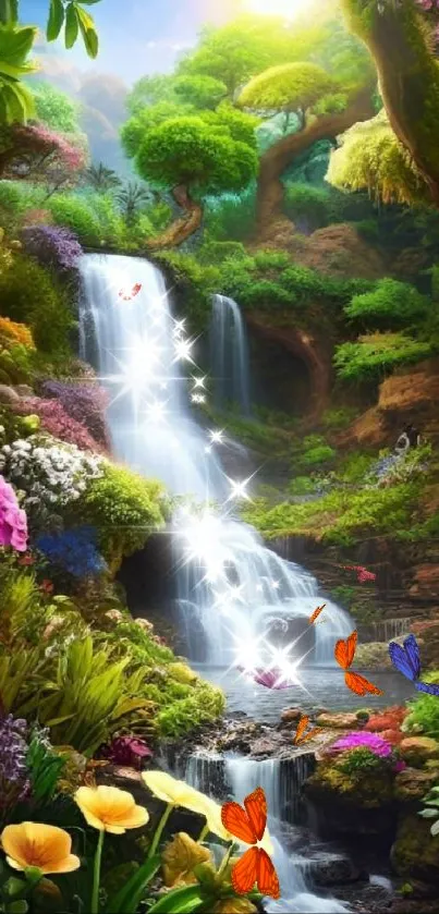 Lush waterfall paradise with colorful flowers and vibrant green foliage.