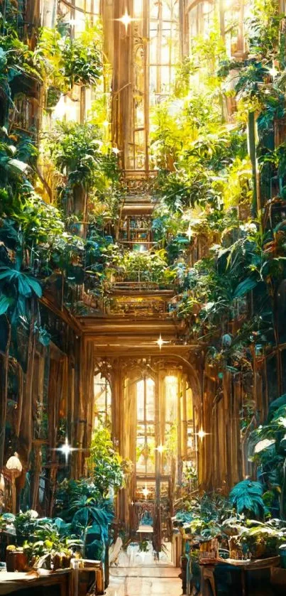 Serene greenhouse with lush plants and golden sunlight filtering through.